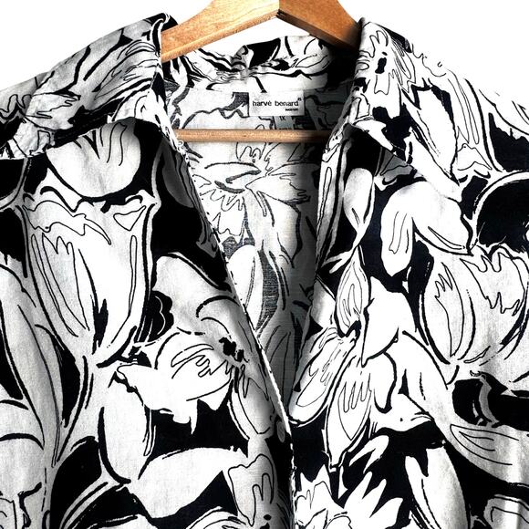 Harve Benard 1X Black White Floral Button Down Linen Cotton Top - Picture 2 of 6